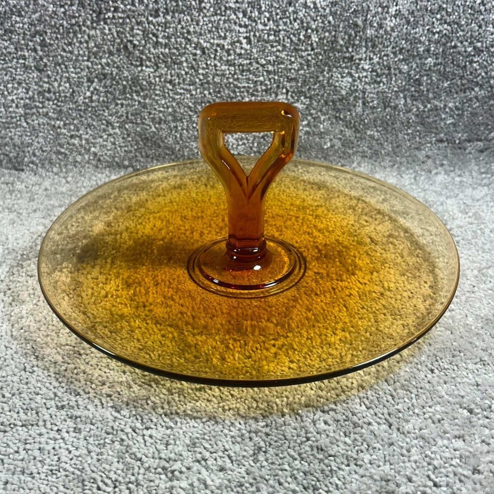 Vintage Glass Tidbit Tray Amber Center Handle Serving Platter MCM